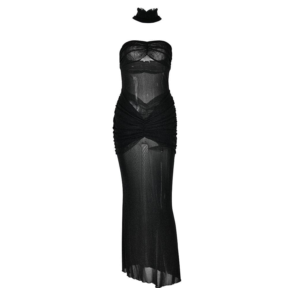 Sweetheart neck ruched see through glitter tube maxi dress