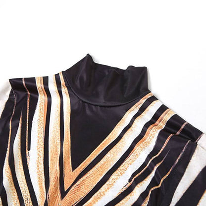 High neck long sleeve hollow out print contrast cut out maxi dress