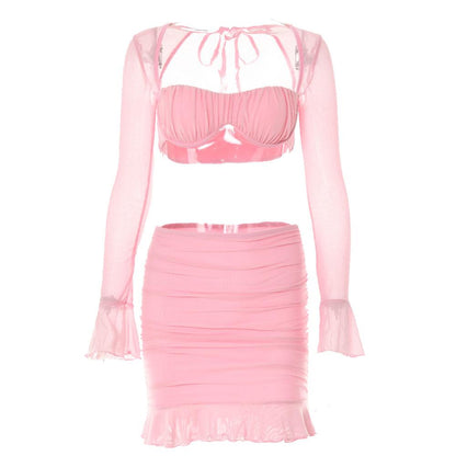 Mesh hollow out solid ruffle long sleeve ruched mini skirt set