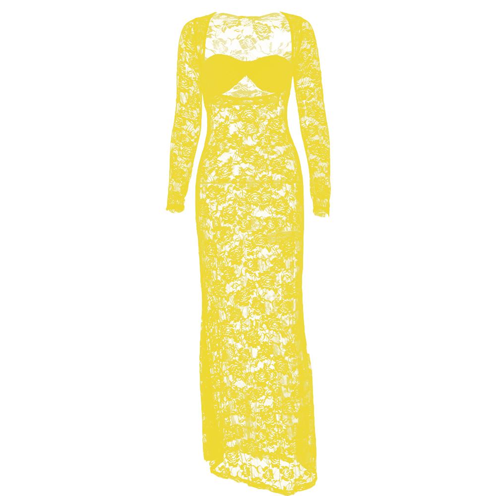 Long sleeve lace see through sweetheart neck maxi dress