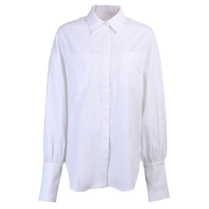 Long sleeve button turnover collar pocket solid top