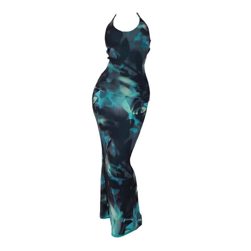 U neck halter butterfly applique print slit maxi dress