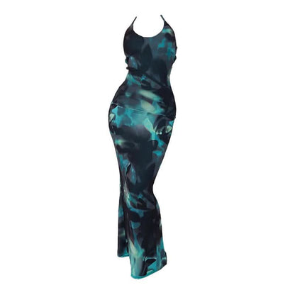 U neck halter butterfly applique print slit maxi dress