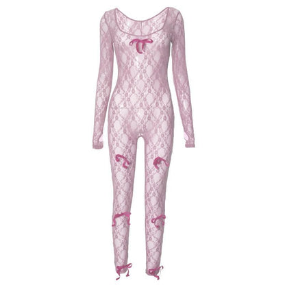 Long sleeve see through bowknot lace jumpsuit