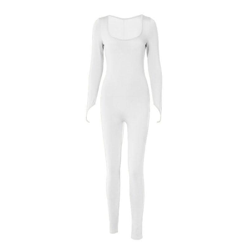 Long sleeve solid u neck slit jumpsuit- Final Sale-final-sale