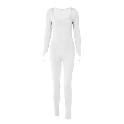 Long sleeve solid u neck slit jumpsuit- Final Sale-final-sale