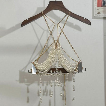 Metal chain beaded hollow out backless cut out top