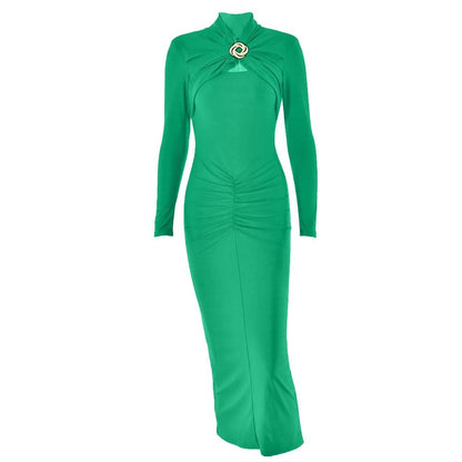 Hollow out long sleeve ruched slit solid cut out midi dress