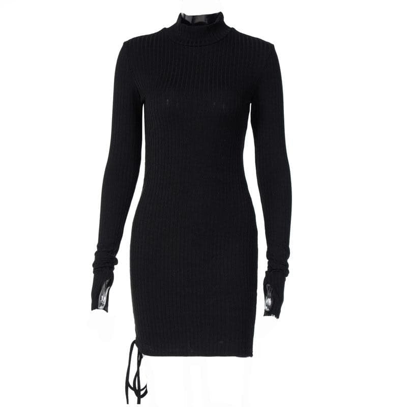 Long Sleeve High Neck Drawstring Ruched Ribbed Knit Mini Dress