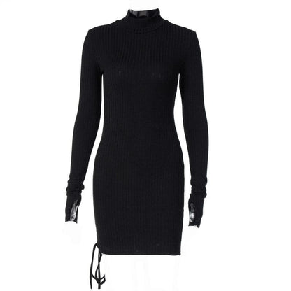 Long Sleeve High Neck Drawstring Ruched Ribbed Knit Mini Dress