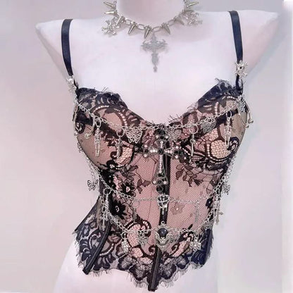 Sweetheart neck lace hem metal chain cami top