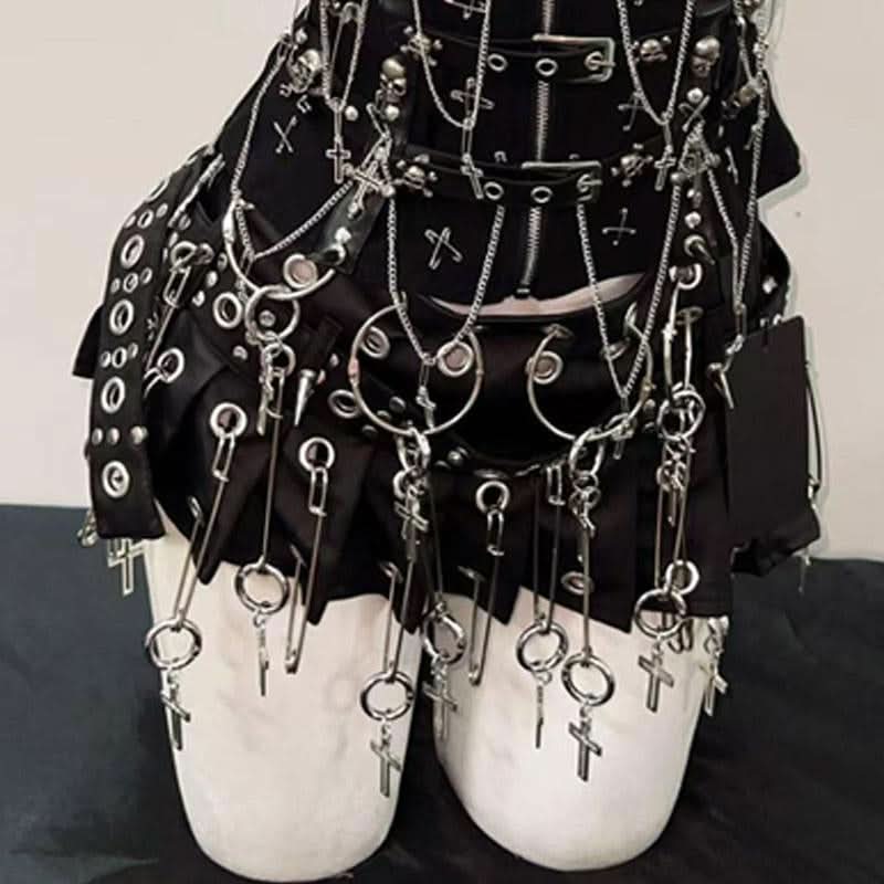 Sweetheart neck metal chain skull applique zip-up top