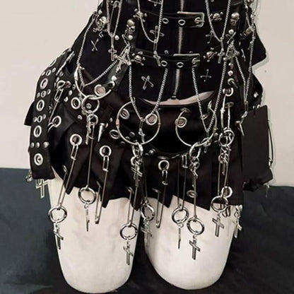 Sweetheart neck metal chain skull applique zip-up top