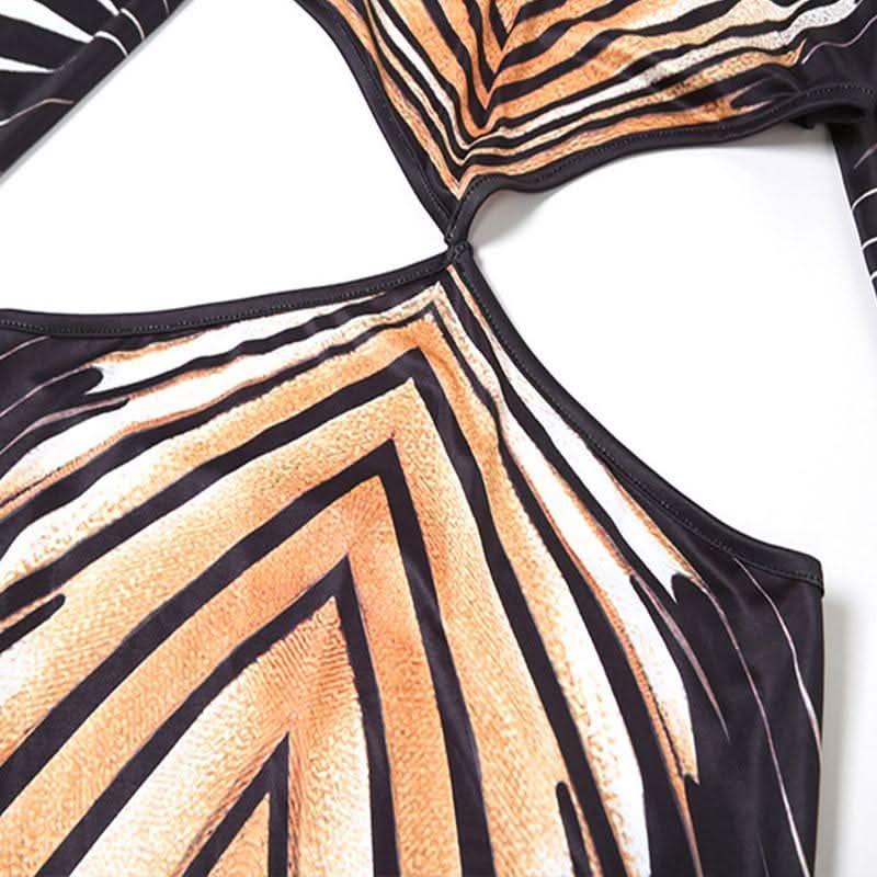 High neck long sleeve hollow out print contrast cut out maxi dress-final-sale