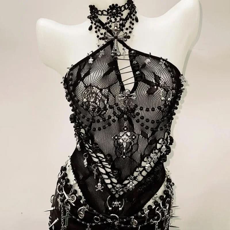 Halter hollow out beaded zip-up mini skirt set