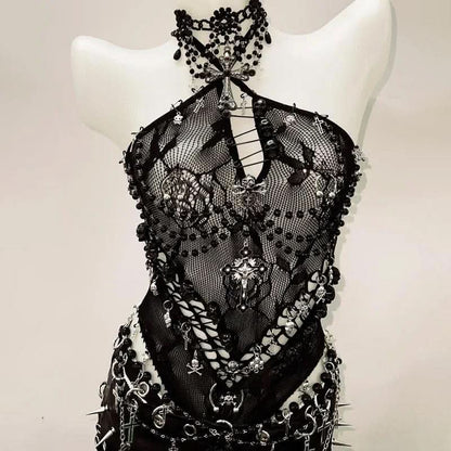 Halter hollow out beaded zip-up mini skirt set