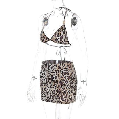 Halter self tie leopard print v neck mini skirt set