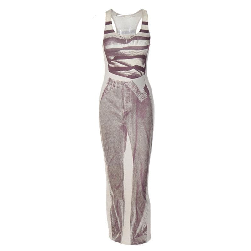 Tank Print Trompe Loeil Denim Graphic Bodycon Maxi Dress