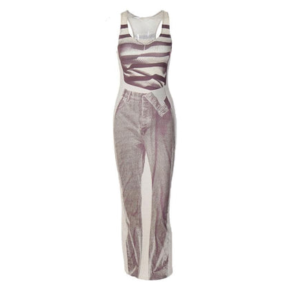 Tank Print Trompe Loeil Denim Graphic Bodycon Maxi Dress