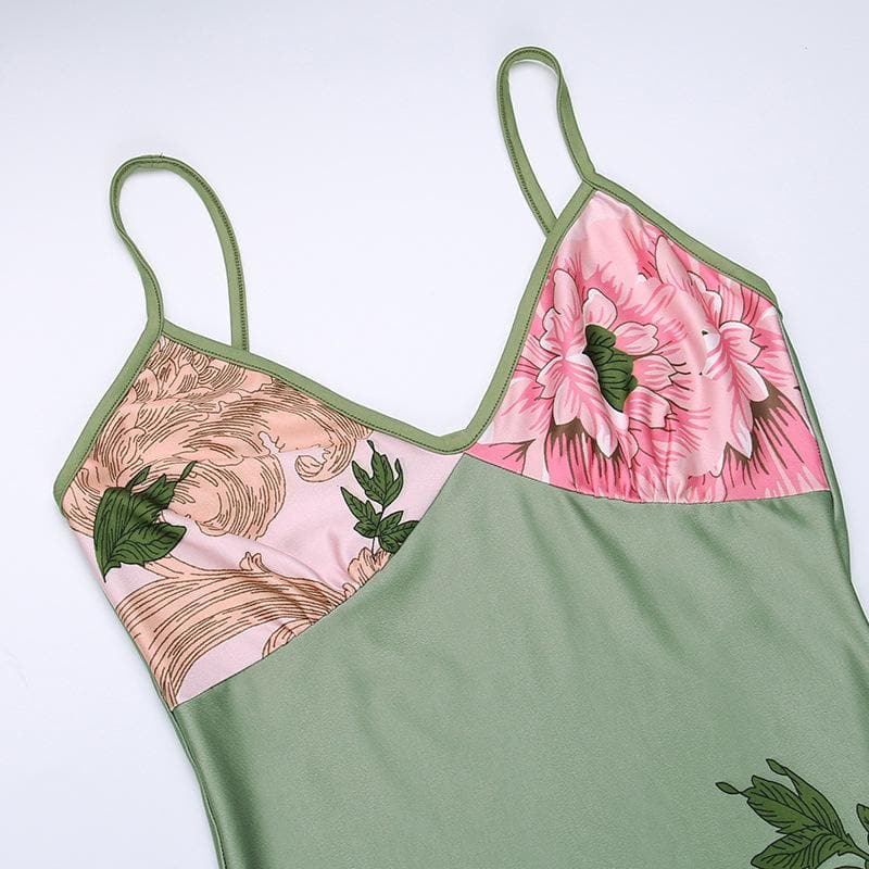 Spaghetti Strap V-Neck Floral Baroque Print Satin Bodycon Maxi Dress