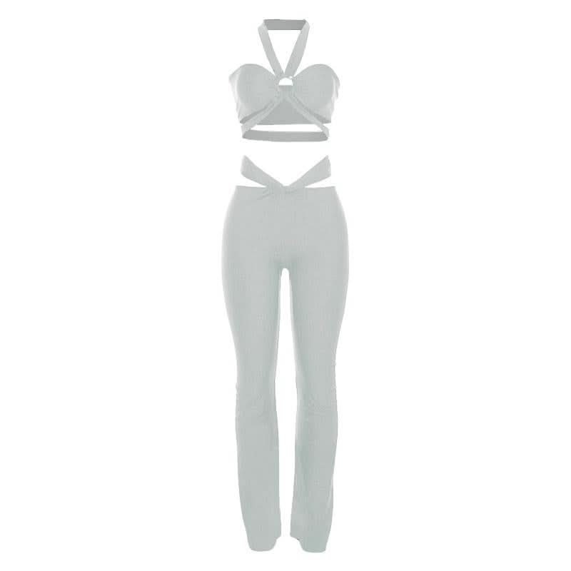 Halter hollow out ruched low rise crop pant set