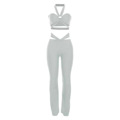 Halter hollow out ruched low rise crop pant set