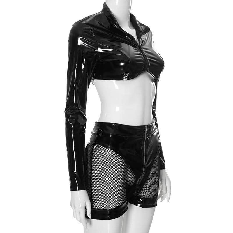 Long sleeve PU leather zip-up turnover collar pant set