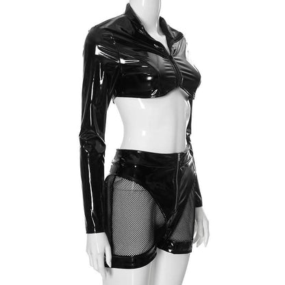 Long sleeve PU leather zip-up turnover collar pant set