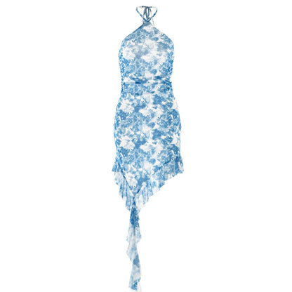 Halter ruffle tie dye irregular backless mini dress