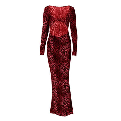 Long sleeve leopard print hollow out u neck cut out maxi dress