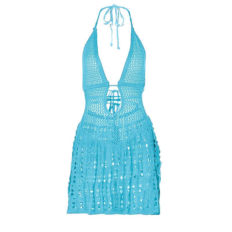 Halter knitted deep V neck see through mini dress