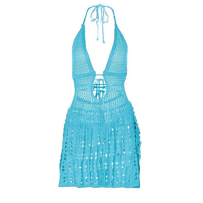 Halter knitted deep V neck see through mini dress