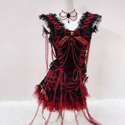 Bowknot beaded lace hem lace up v neck mini skirt set