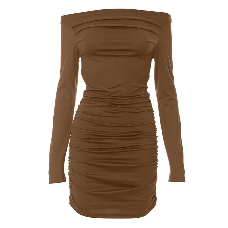 Asymmetric Off Shoulder Long Sleeve Ruched Bodycon Mini Dress