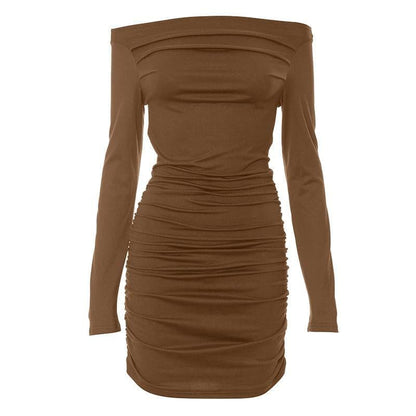 Asymmetric Off Shoulder Long Sleeve Ruched Bodycon Mini Dress