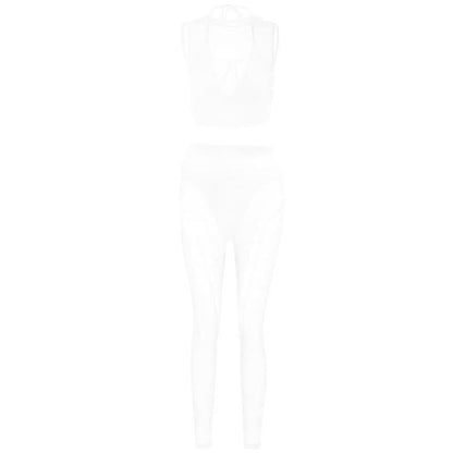 Crewneck hollow out mesh medium rise pant set