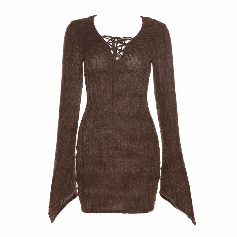 V-Neck Lace-Up Flared Bell Sleeve Fuzzy Knit Bodycon Mini Dress