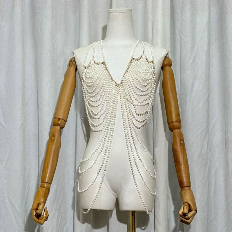 Beaded hollow out metal chain v neck cut out top