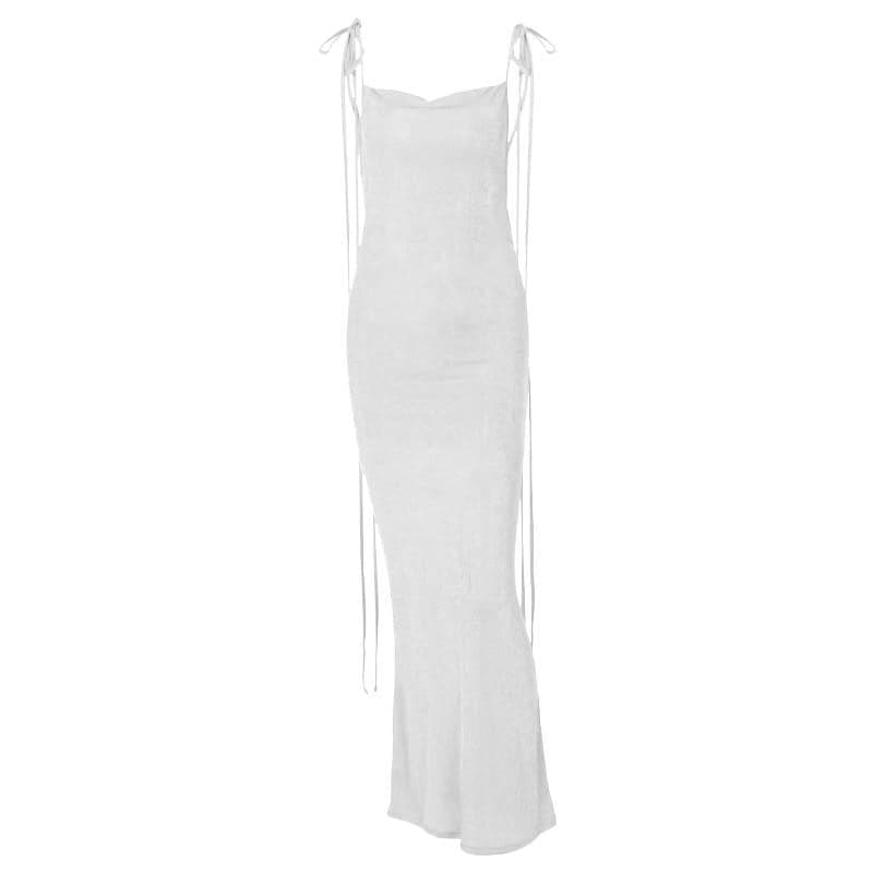 Cowl neck backless self tie solid ruched maxi dress