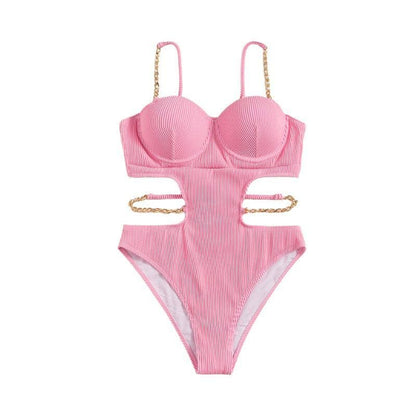 Metal chain button padded solid self tie one piece swimwear