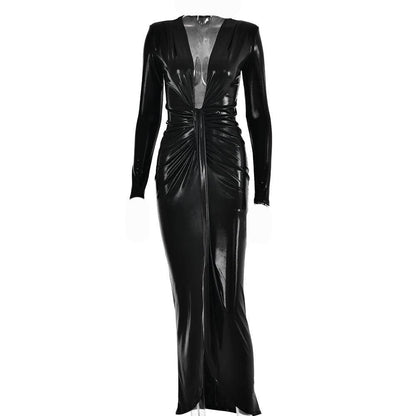 Ruched Metallic Long Sleeve V Neck Knotted Front Maxi Dress