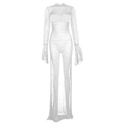 Long flared sleeve textured see through maxi dress