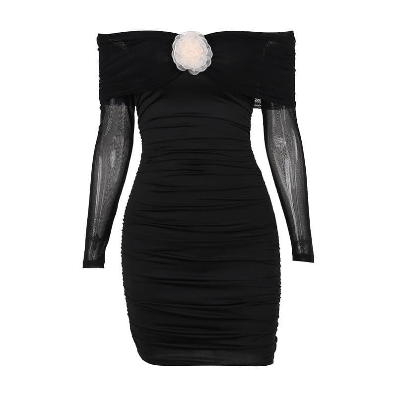 Flower applique mesh ruched off shoulder long sleeve mini dress
