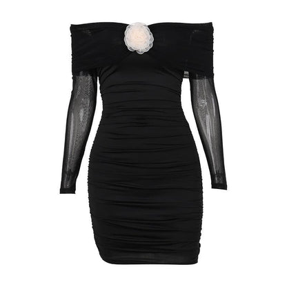 Flower applique mesh ruched off shoulder long sleeve mini dress