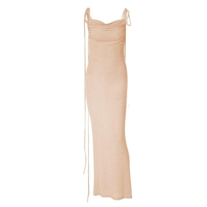 Cowl Neck Lace Up Back Tie Strap Backless Maxi Dress
