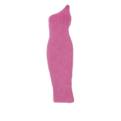 Textured one shoulder irregular hollow out solid cut out midi dress
