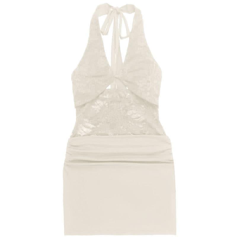 Halter self tie hollow out lace ruched cut out mini dress