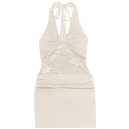 Halter self tie hollow out lace ruched cut out mini dress