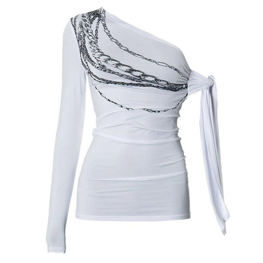 Irregular long sleeve chain print one shoulder top
