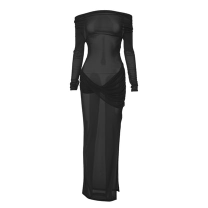 Long sleeve off shoulder sheer mesh ruched slit maxi dress